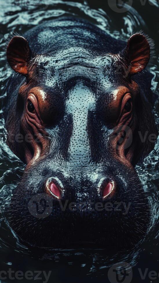 Close-up view of a hippo in serene water during daylight hours in a natural habitat photo