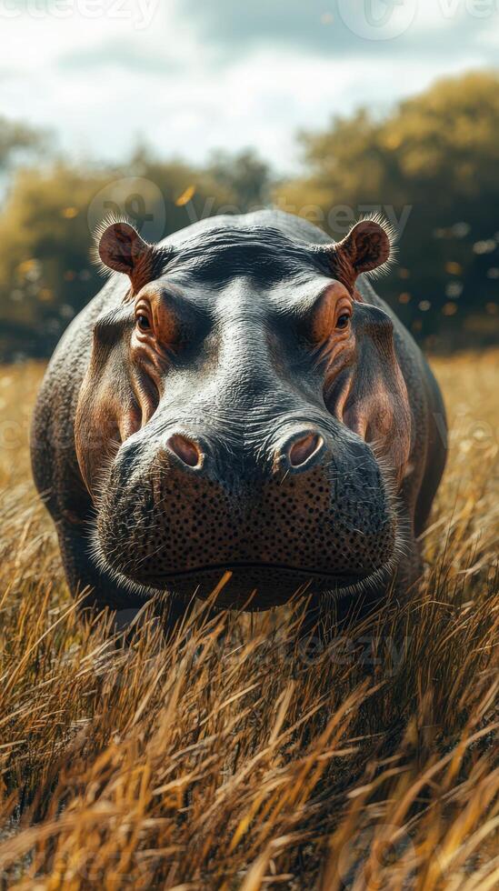 Hippopotamus grazing in golden grasslands during a sunny afternoon near a water source photo