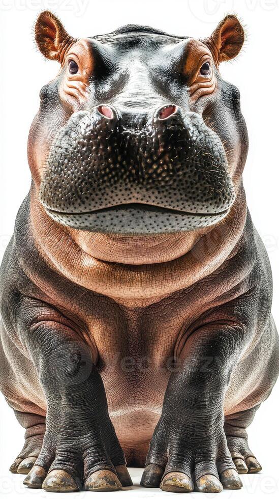 Large hippopotamus sitting with a calm expression against a plain background in a natural pose photo