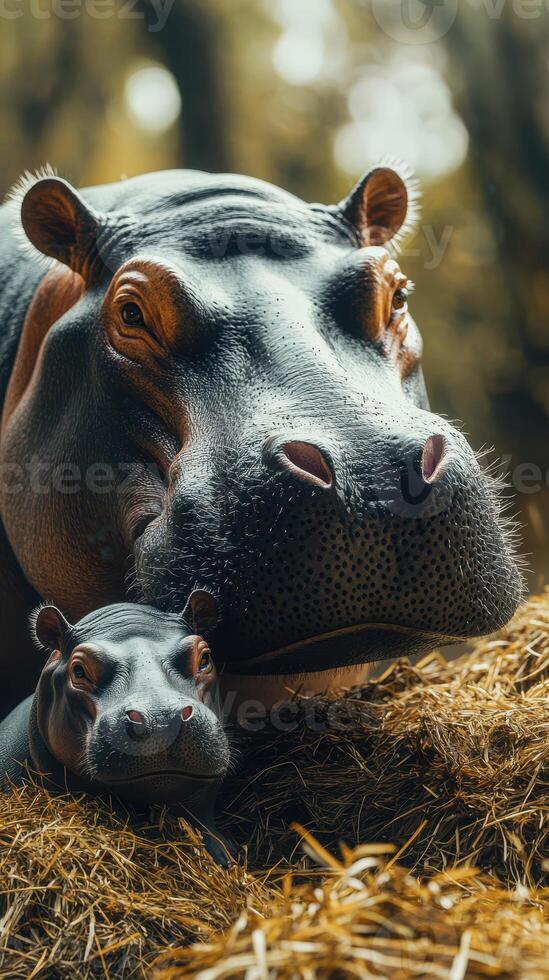 Hippos resting together in their natural habitat during a tranquil afternoon photo
