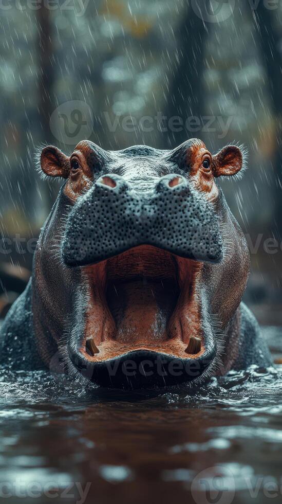 Hippopotamus emerging from water during rain in a dense forest at twilight photo