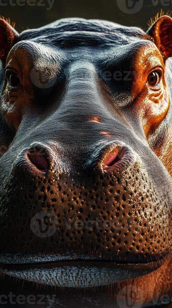 Hippo portrait showcases intricate textures and expressions in vibrant light during a warm afternoon photo