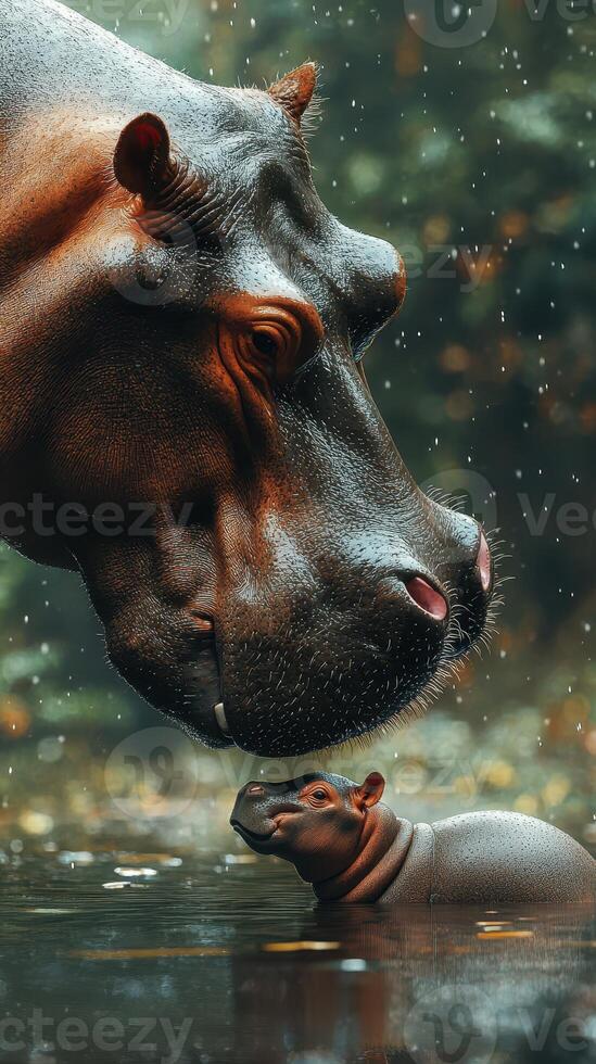 Mother hippo interacting with her calf in a serene water setting during a gentle rain photo