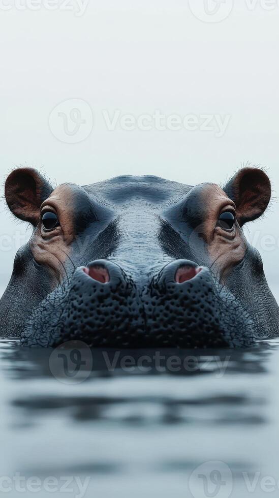 Close-up view of a hippopotamus emerging from the water in a serene environment during early morning photo