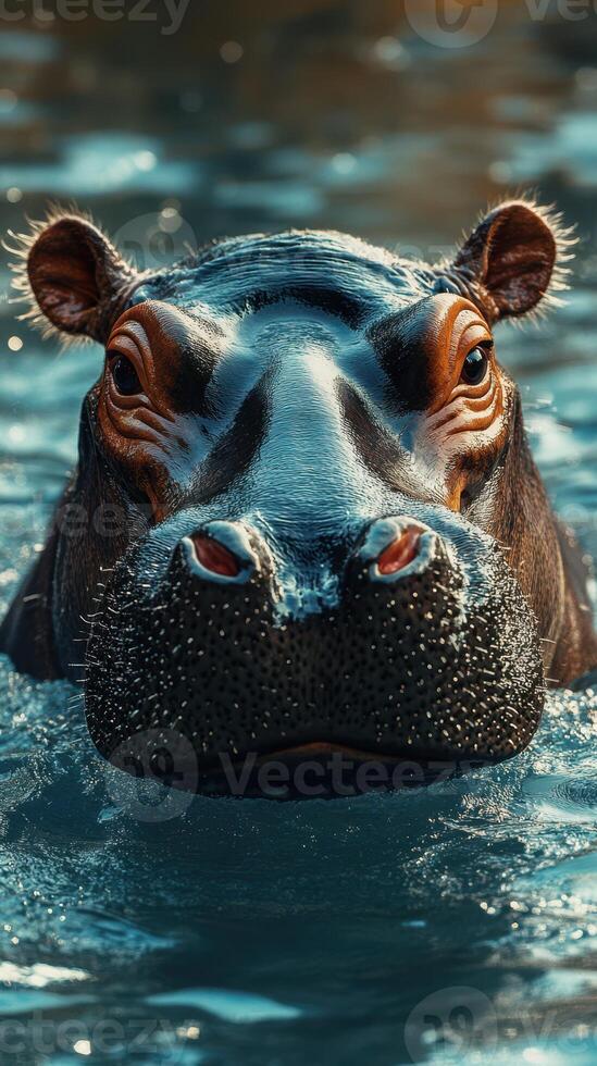 Hippo emerges from water with calm demeanor in bright, sunlit environment photo