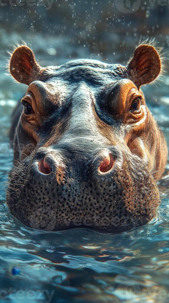 Hippo emerges from water with captivating gaze in freshwater habitat during daytime photo