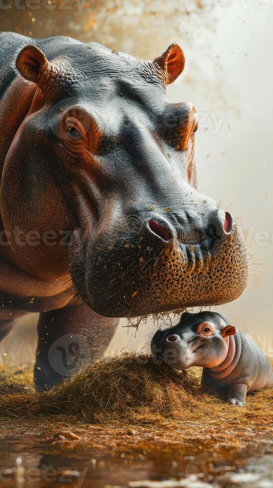 Hippos in a serene habitat interacting with each other during the golden hour photo