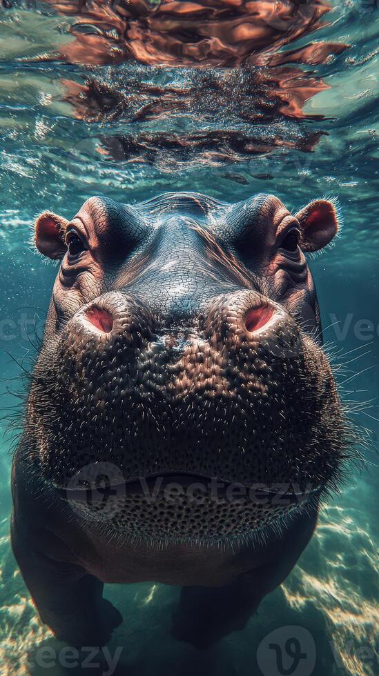 Hippo swims underwater and curiously gazes at the camera in a tranquil water setting during the day photo