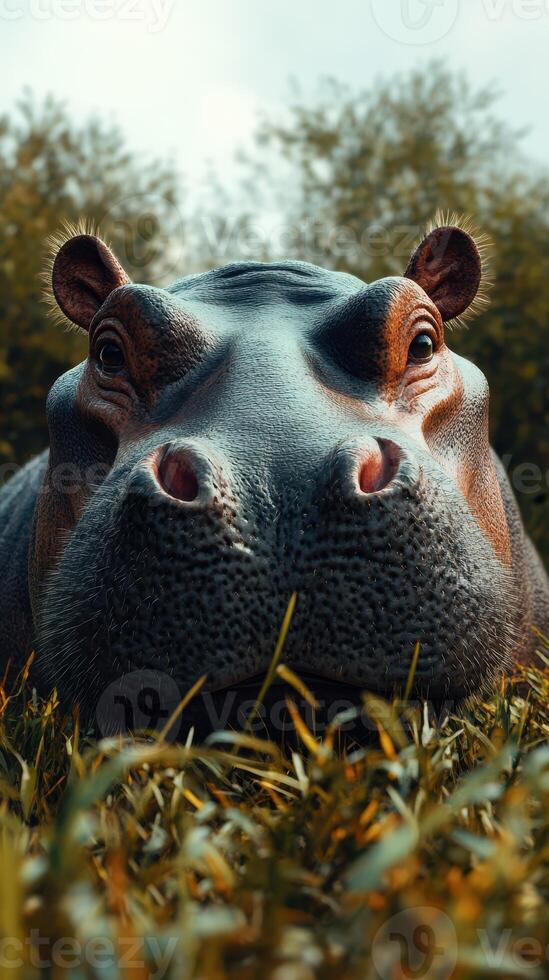 Close encounter with a hippo resting on green grass in the wild during soft daylight photo