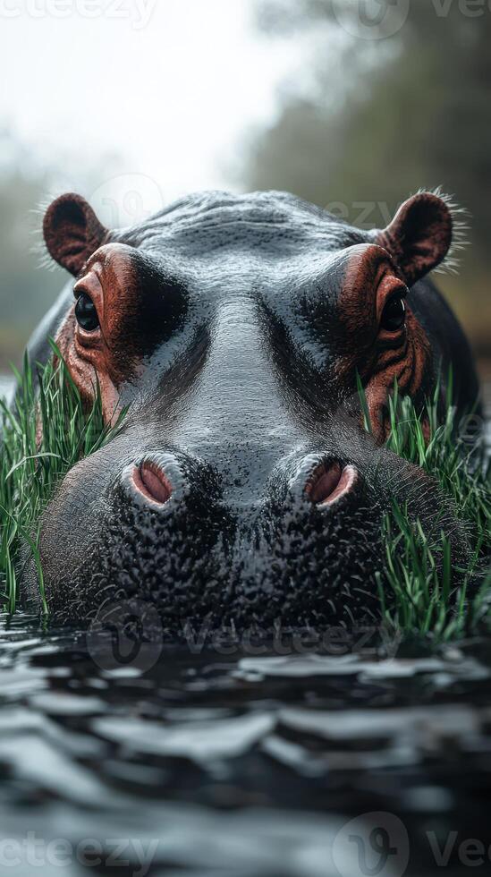 Hippo munching on grass near water in a tranquil setting during early morning hours photo