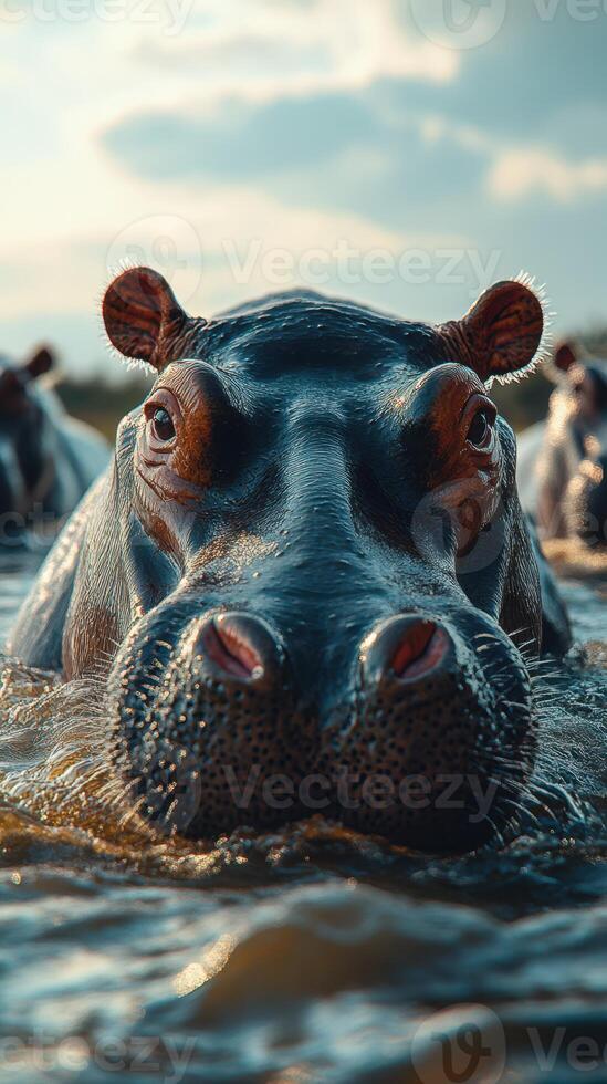 Hippo swimming in a tranquil river during golden hour with other hippos in the background photo