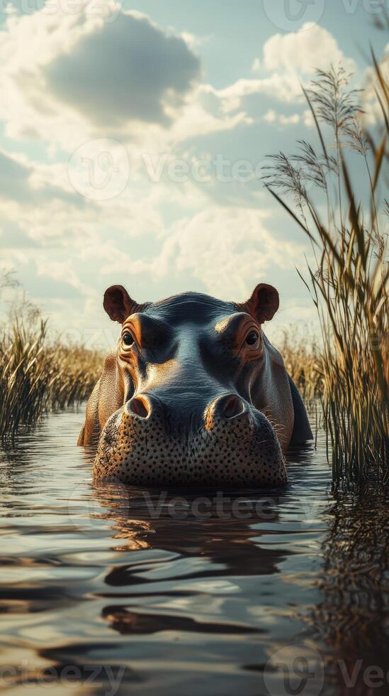 Hippo in calm water surrounded by tall grasses under a cloudy sky in the late afternoon light photo
