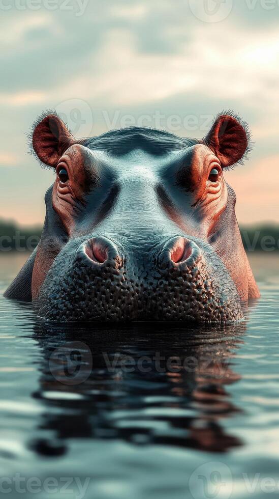 Hippo swims in calm waters at sunset, showcasing its powerful physique and expressive features in a serene environment photo