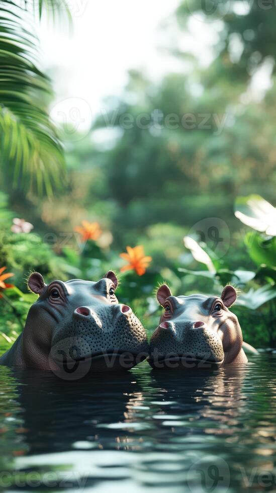 Two hippos enjoying a serene moment in lush waters surrounded by vibrant tropical plants photo