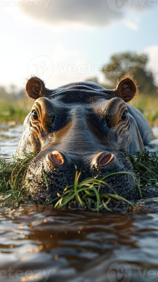 Hippo emerges from water, munching on grass, as sunlight reflects off the gentle surface in a serene natural setting photo