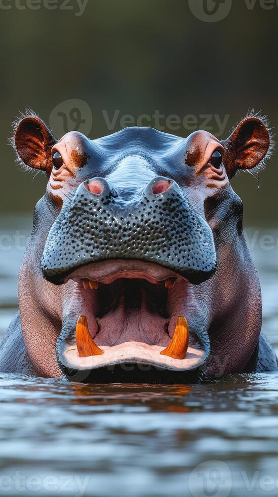 Majestic hippo breaching the surface of the water in a serene river environment during daylight hours photo
