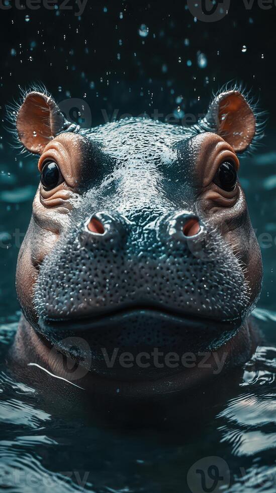 Hippo emerges from water during a rainy day, showcasing its unique features in a tranquil aquatic environment photo
