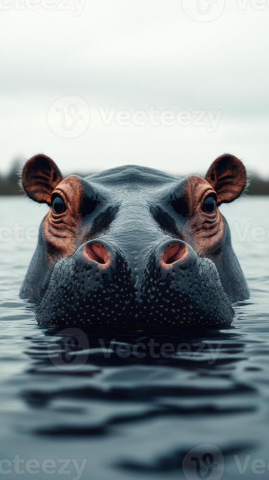 Hippo swimming in calm water at a natural reserve during a cloudy day photo