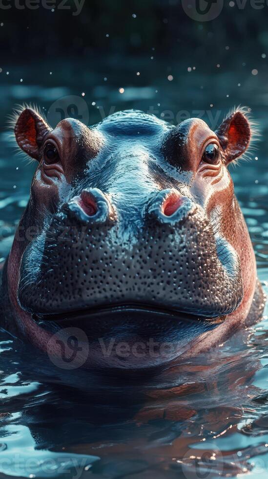 Hippo emerges from water in a serene setting, showcasing remarkable facial features and textures in natural habitat photo