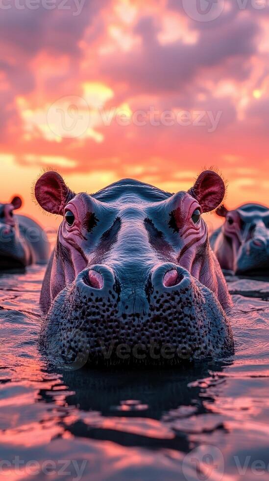 Hippos swim at sunset in a serene water setting creating a stunning display of colors and wildlife interactions photo