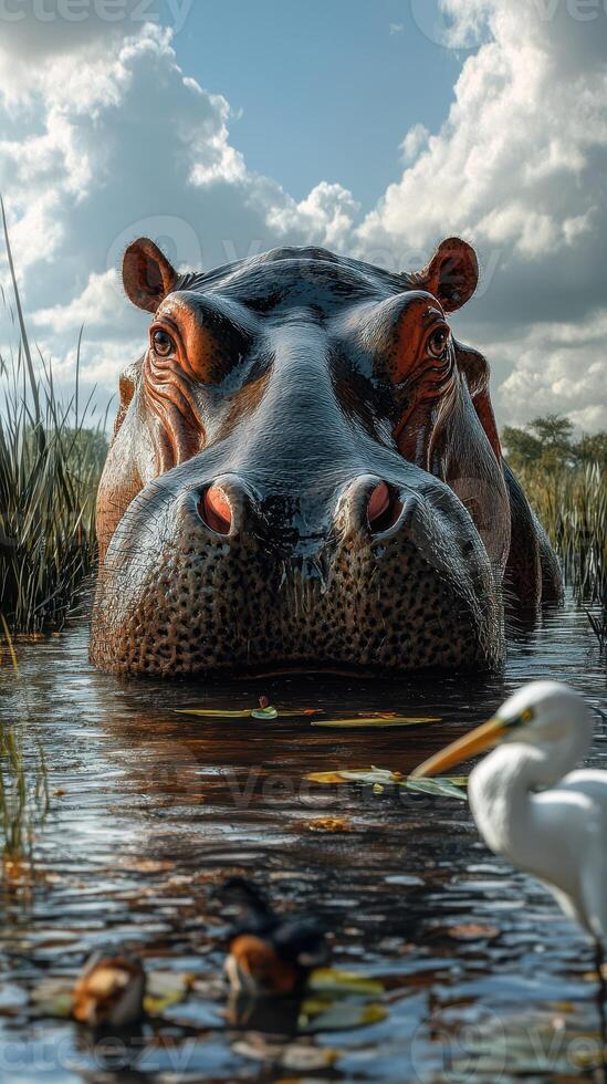 Majestic hippo emerging from water under a blue sky with fluffy clouds and small birds nearby in a lush habitat photo