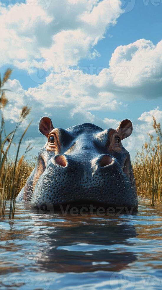 Hippo sunbathing in shallow waters surrounded by tall grasses on a bright day photo
