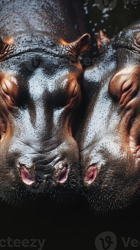 Two hippos interact closely in a serene aquatic environment, showcasing their unique behavior and texture under the gentle water surface photo