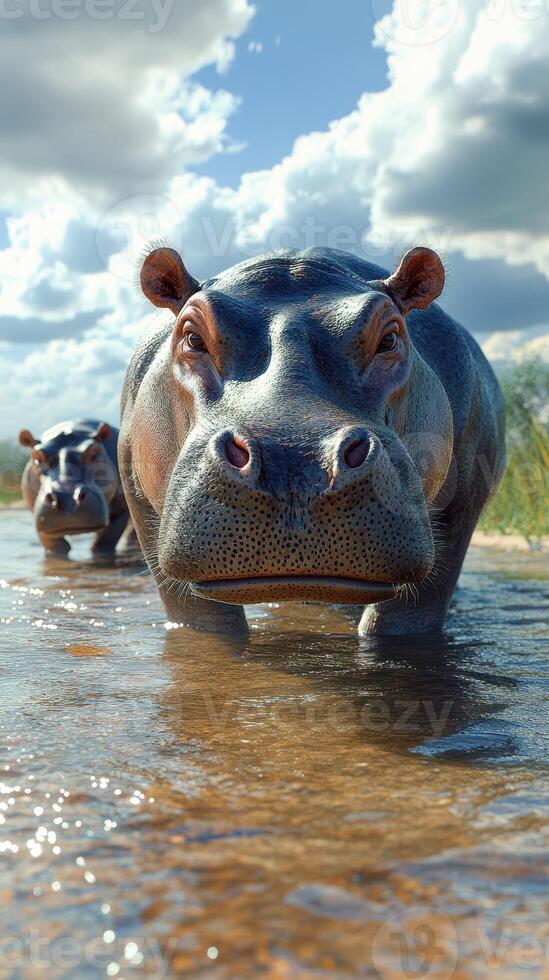 Two hippos wade through a river under a bright sky in a natural habitat during the early afternoon photo