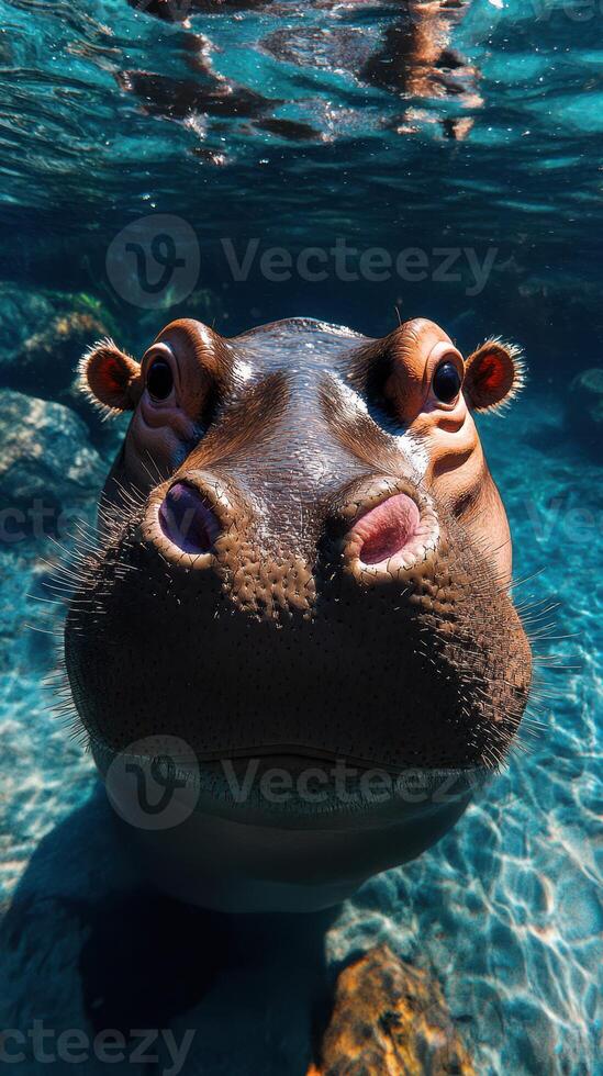 Hippo swimming underwater in a serene aquatic environment showcasing its playful demeanor photo