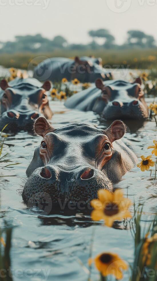 Herd of hippos swimming in a serene lake surrounded by sunflowers during late afternoon photo