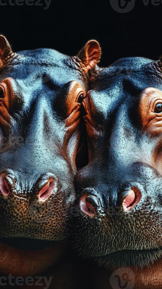 Hippos resting close together in a serene moment, showcasing their unique features in the late afternoon light photo