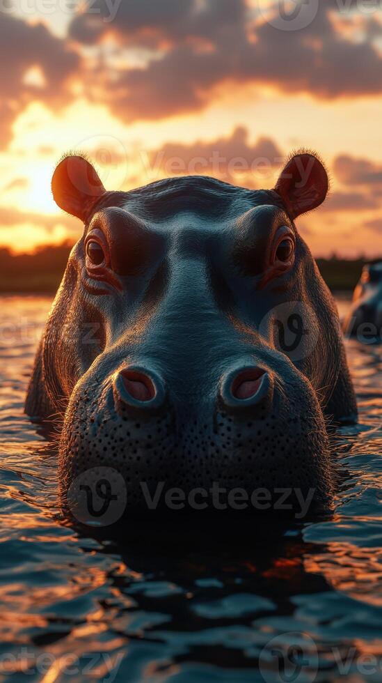Hippo emerges from water at sunset creating a serene and striking silhouette against the colorful sky photo