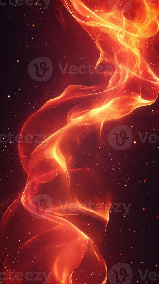 Vibrant twisting flames create mesmerizing swirls in dark background with sparkling particles in the night photo