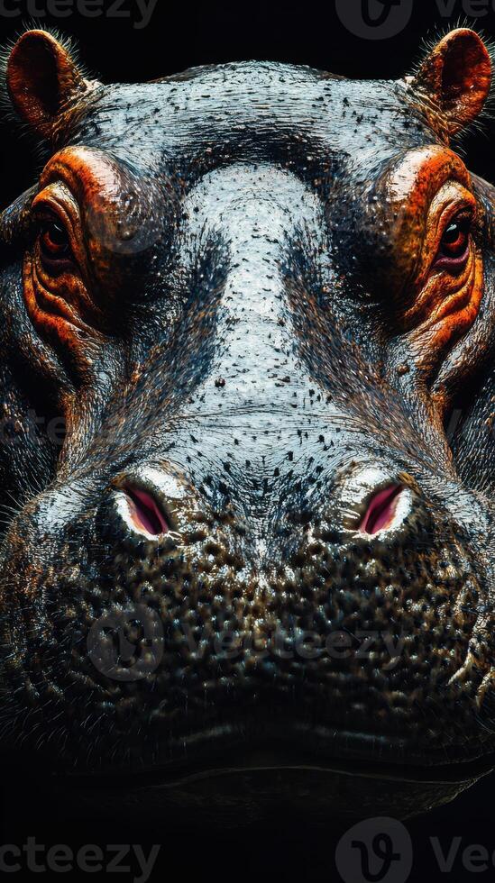 Close-up view of a hippo's face showcasing its detailed features against a dark background photo
