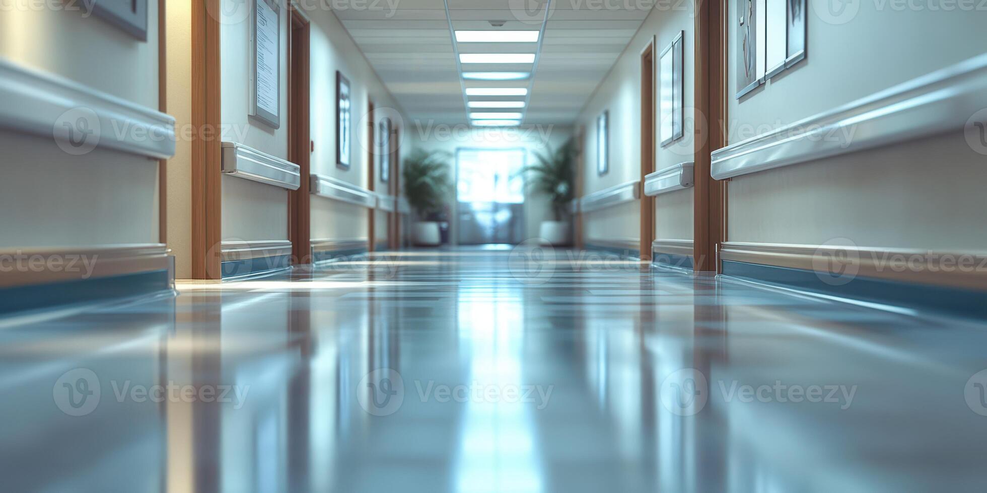 Quiet hospital corridor with reflections on polished floor during daytime photo