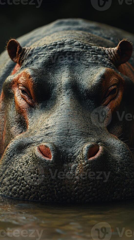 Close view of a hippo relaxing in calm waters during golden hour at a watering hole photo