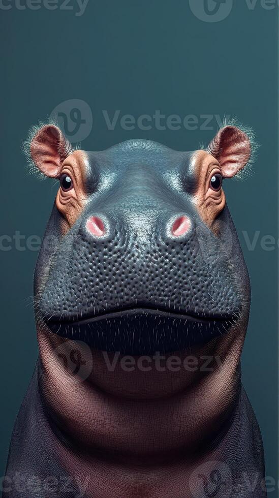 Close-up of a hippo with detailed textures and calm expression against a solid background photo