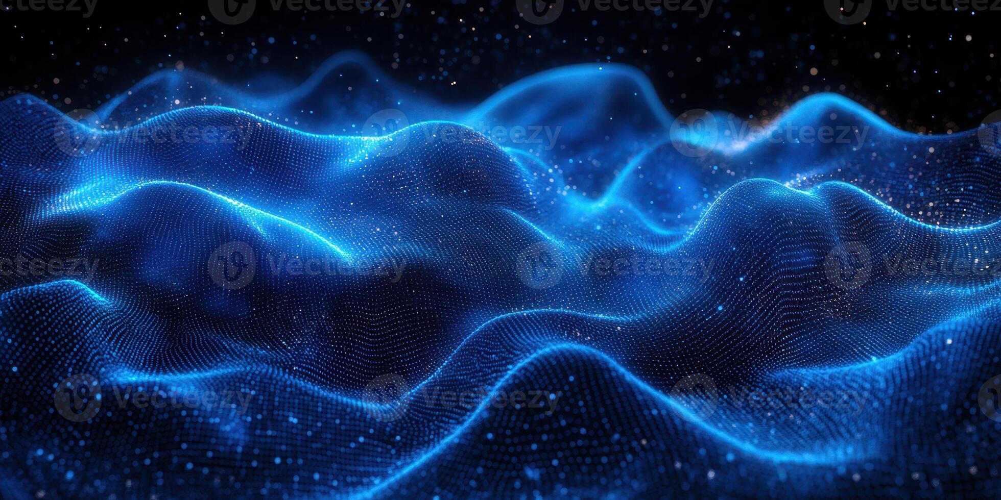 Abstract blue digital landscape depicting flowing waves of light against a dark background photo