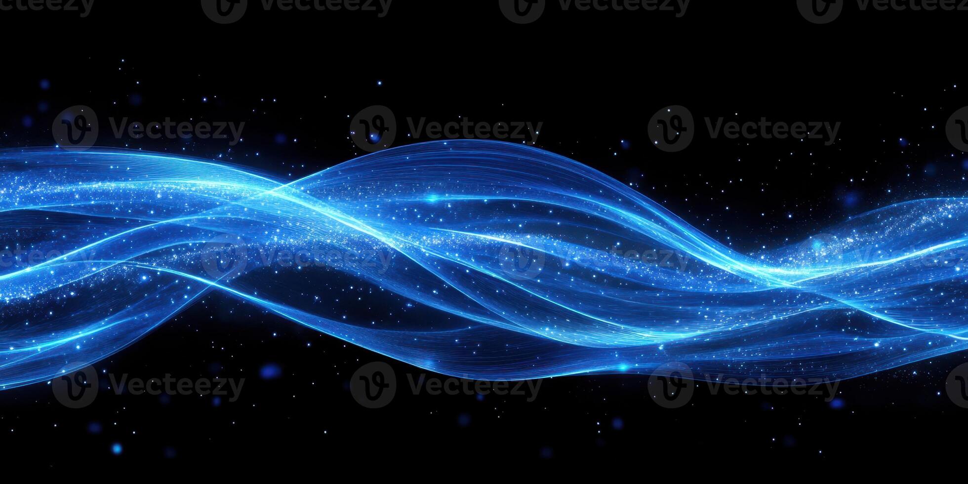 Flowing blue light waves with sparkles create a serene atmosphere in a dark background showcasing digital art photo