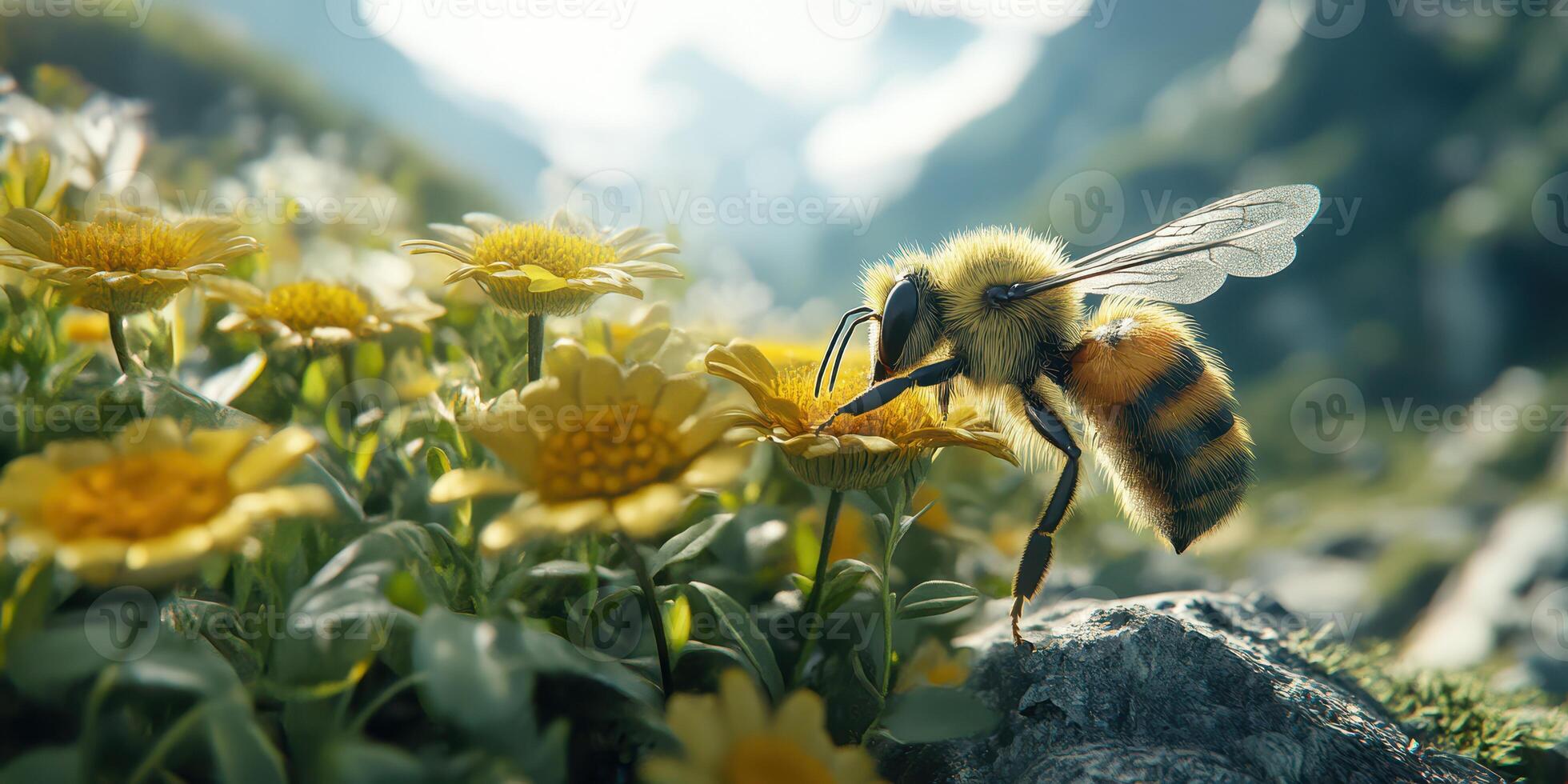 Bee collecting nectar from vibrant flowers in a sunlit meadow surrounded by mountains photo