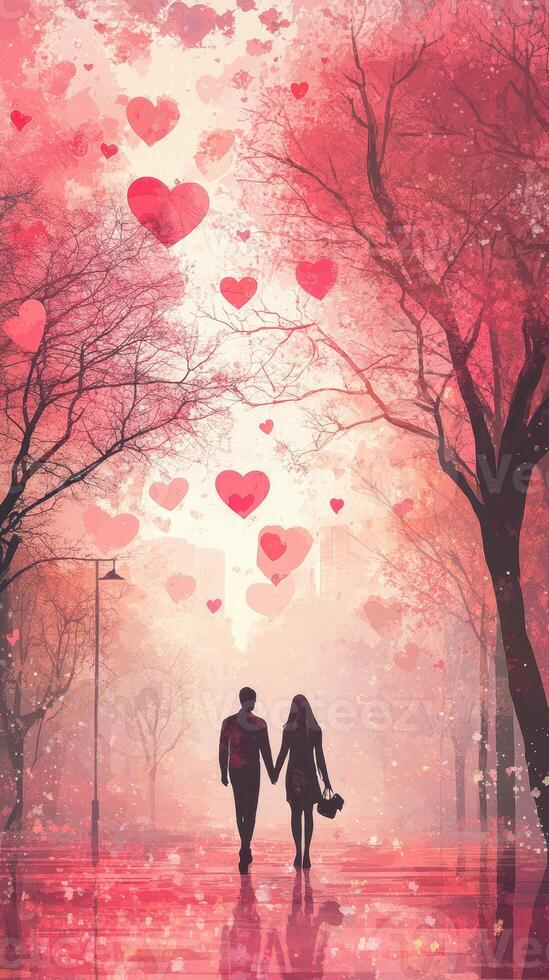 Romantic couple holding hands under trees adorned with floating hearts in a dreamy landscape during twilight photo