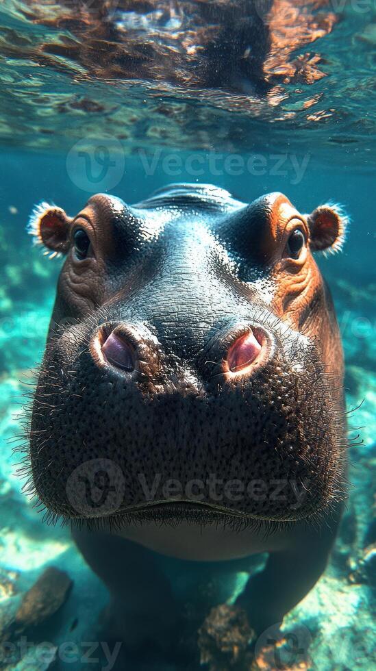Hippo explores underwater habitat in a serene river setting during daylight photo