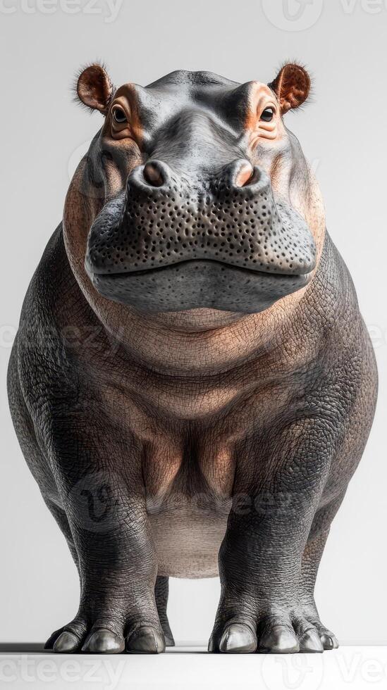 Detailed depiction of a hippo standing upright in a studio setting with soft lighting showcasing its features and texture photo