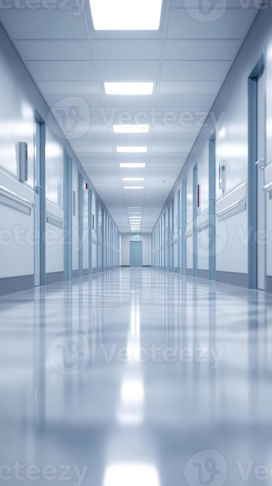 Long narrow corridor in a modern hospital lit with bright overhead lights at daytime providing a sterile environment photo