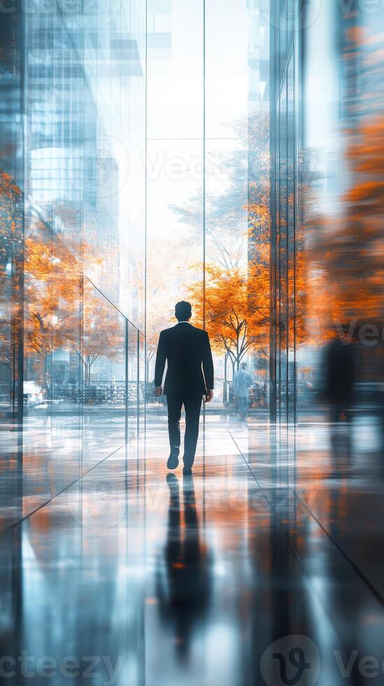 Businessman walking through modern architecture with vibrant autumn trees in urban setting photo