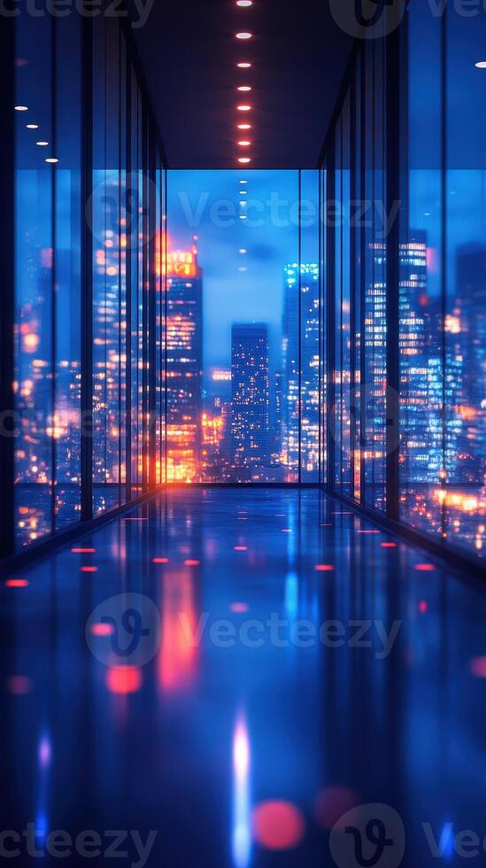 City skyline view from a modern corridor illuminated at night with vibrant lights and reflections photo