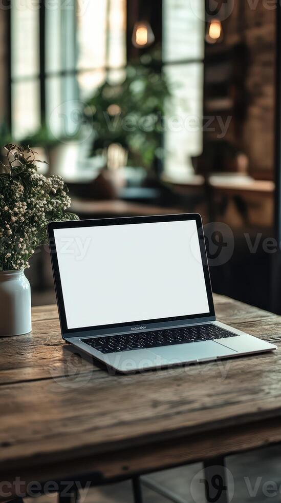 Cozy workspace with laptop and flowers in a well-lit cafe setting during daytime photo
