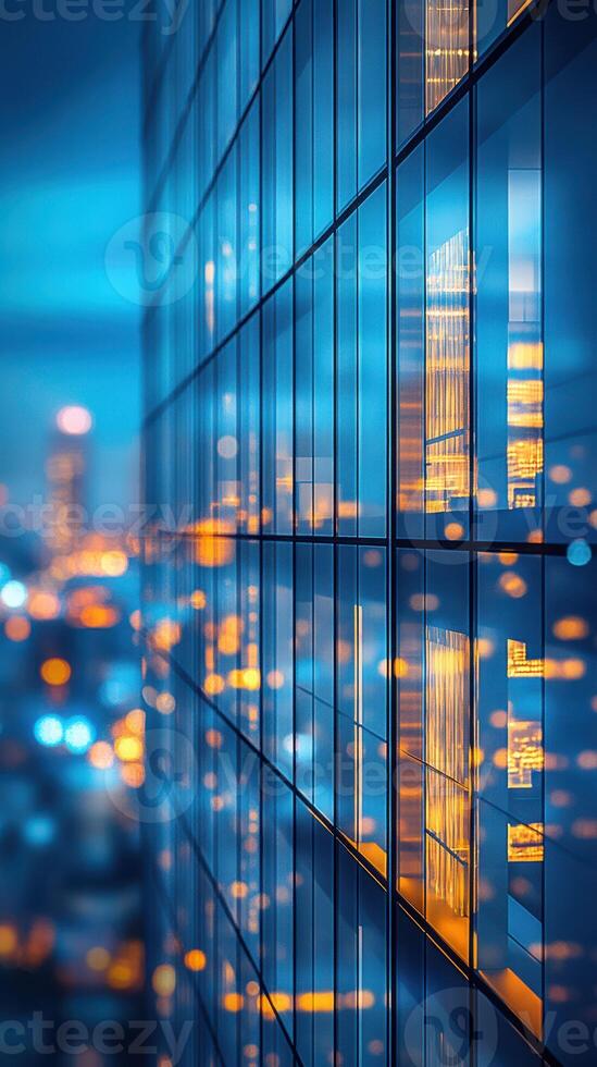 City skyline reflecting in glass building windows during twilight creates a vibrant urban atmosphere photo