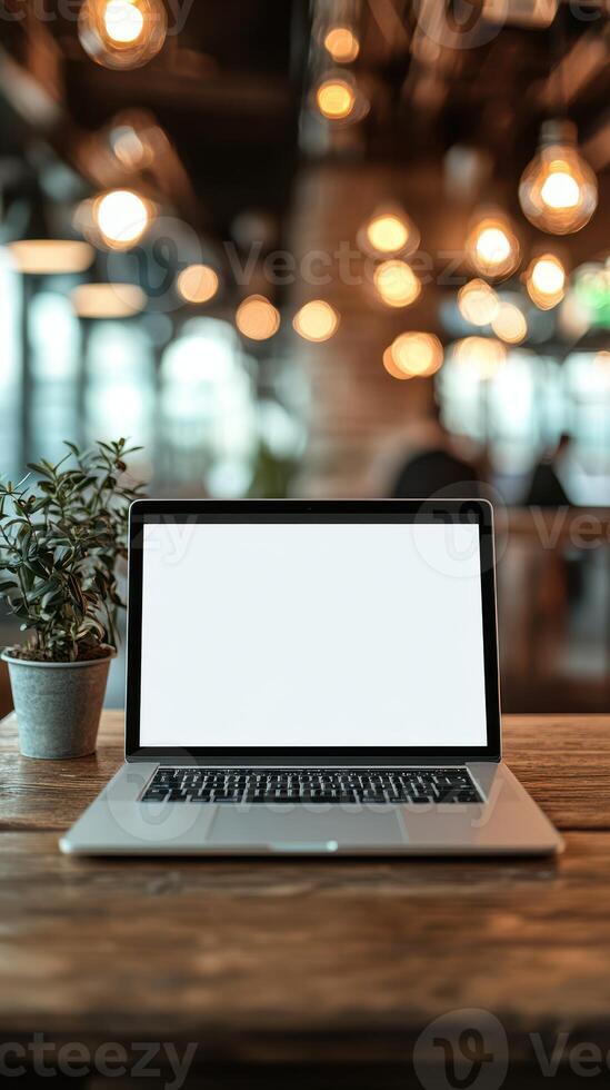 Working space with a laptop on a wooden table and a potted plant in a cozy cafe during daylight hours photo