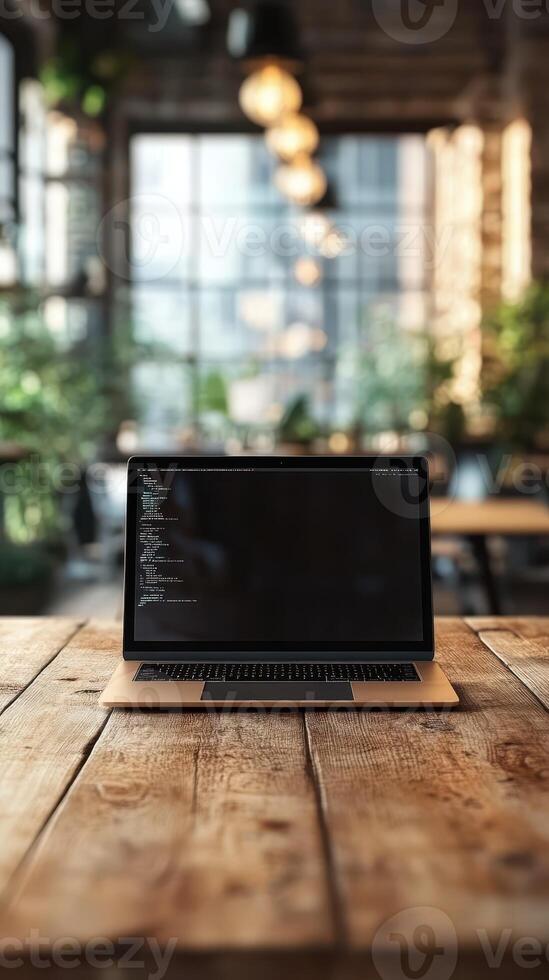 Laptop displaying code sits on wooden table in a well-lit cafe with greenery in the background photo